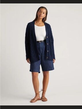Quince Navy Cable-Knit Button Cardigan